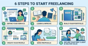 What is freelancing and how to earn money online — step by step guide showing 6 steps to start freelancing from choosing a skill to getting first client in 2026