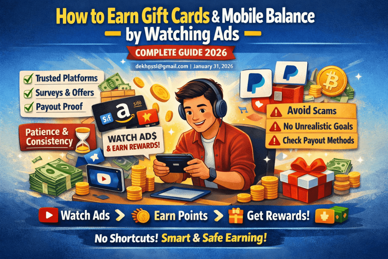 Young man earning gift cards and mobile balance by watching ads online.