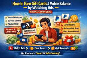 Young man earning gift cards and mobile balance by watching ads online.
