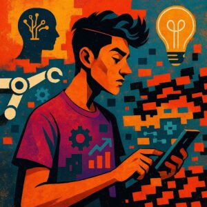 2025 labor market — a tech-savvy Gen Z professional engaging with holographic digital systems