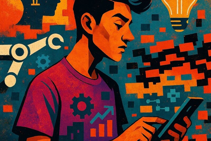 2025 labor market — a tech-savvy Gen Z professional engaging with holographic digital systems