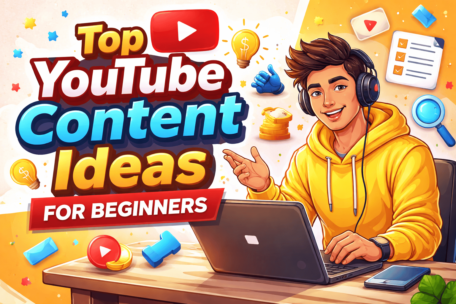 Illustration of a beginner content creator using AI tools to generate YouTube video ideas, showing laptop, YouTube icons, and creative symbols representing AI-powered content creation.