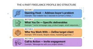 Professional freelance profile bio structure — 4 part formula showing opening hook what you do target client and call to action for getting clients fast in 2026