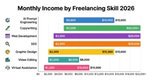 Top freelancing skills in 2026 income comparison — bar chart showing monthly earnings from AI prompt engineering copywriting web development SEO video editing and virtual assistance