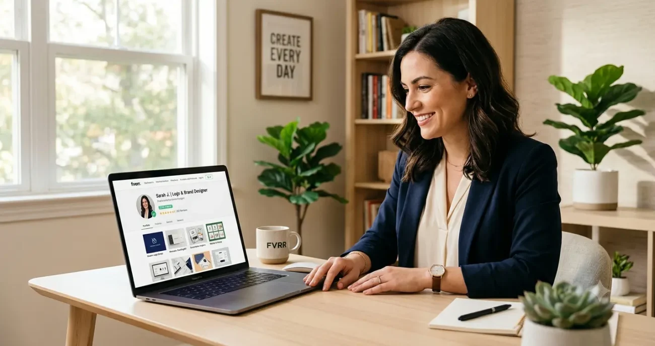 Professional freelance profile that gets clients — freelancer reviewing optimised Fiverr profile on laptop showing complete profile elements in 2026