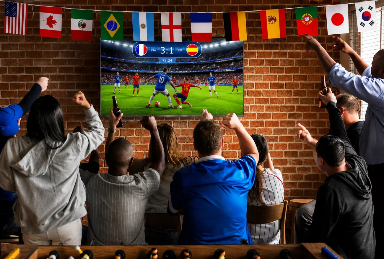 FIFA World Cup 2026 predictions — World Cup trophy on stadium grass with AI models predicting France and Argentina as winners
