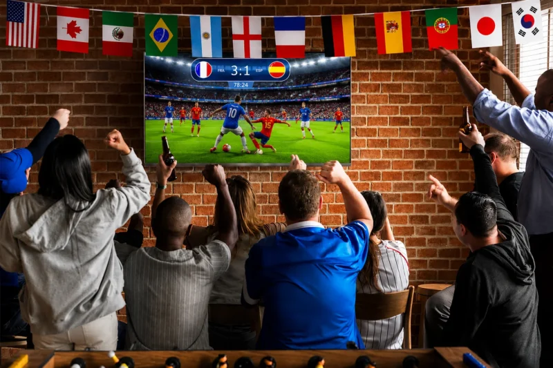 FIFA World Cup 2026 predictions — World Cup trophy on stadium grass with AI models predicting France and Argentina as winners