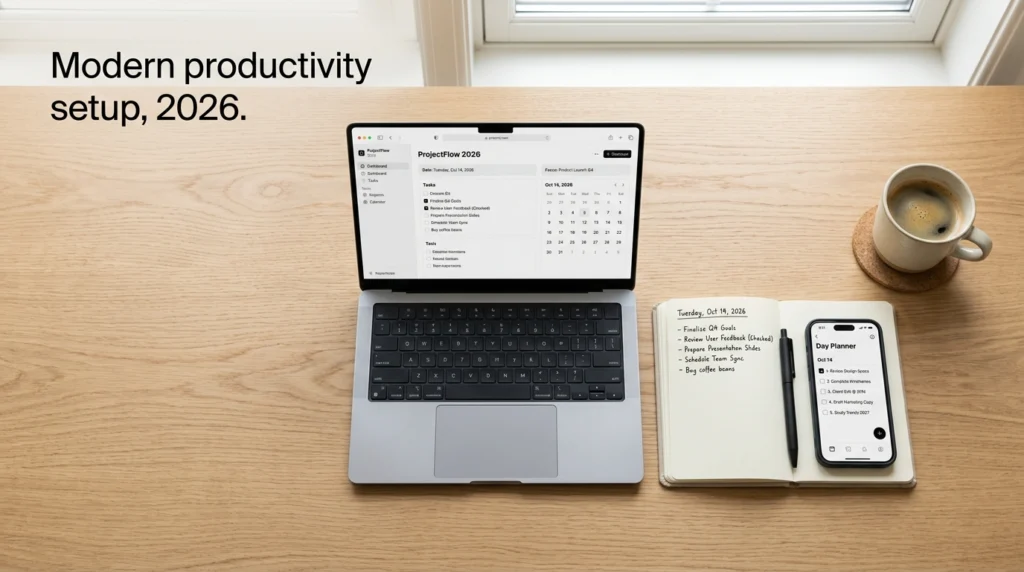 Best productivity tools 2026 setup with laptop, notebook, and phone showing AI productivity app