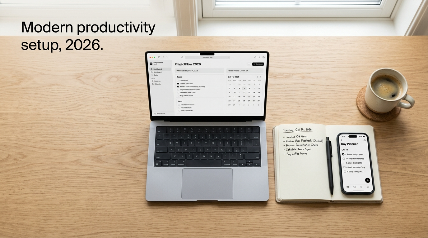 Best productivity tools 2026 setup with laptop, notebook, and phone showing AI productivity app