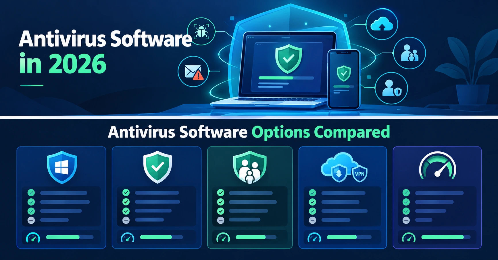 antivirus software — laptop and smartphone protected by malware scanning, phishing warnings, and backup in 2026
