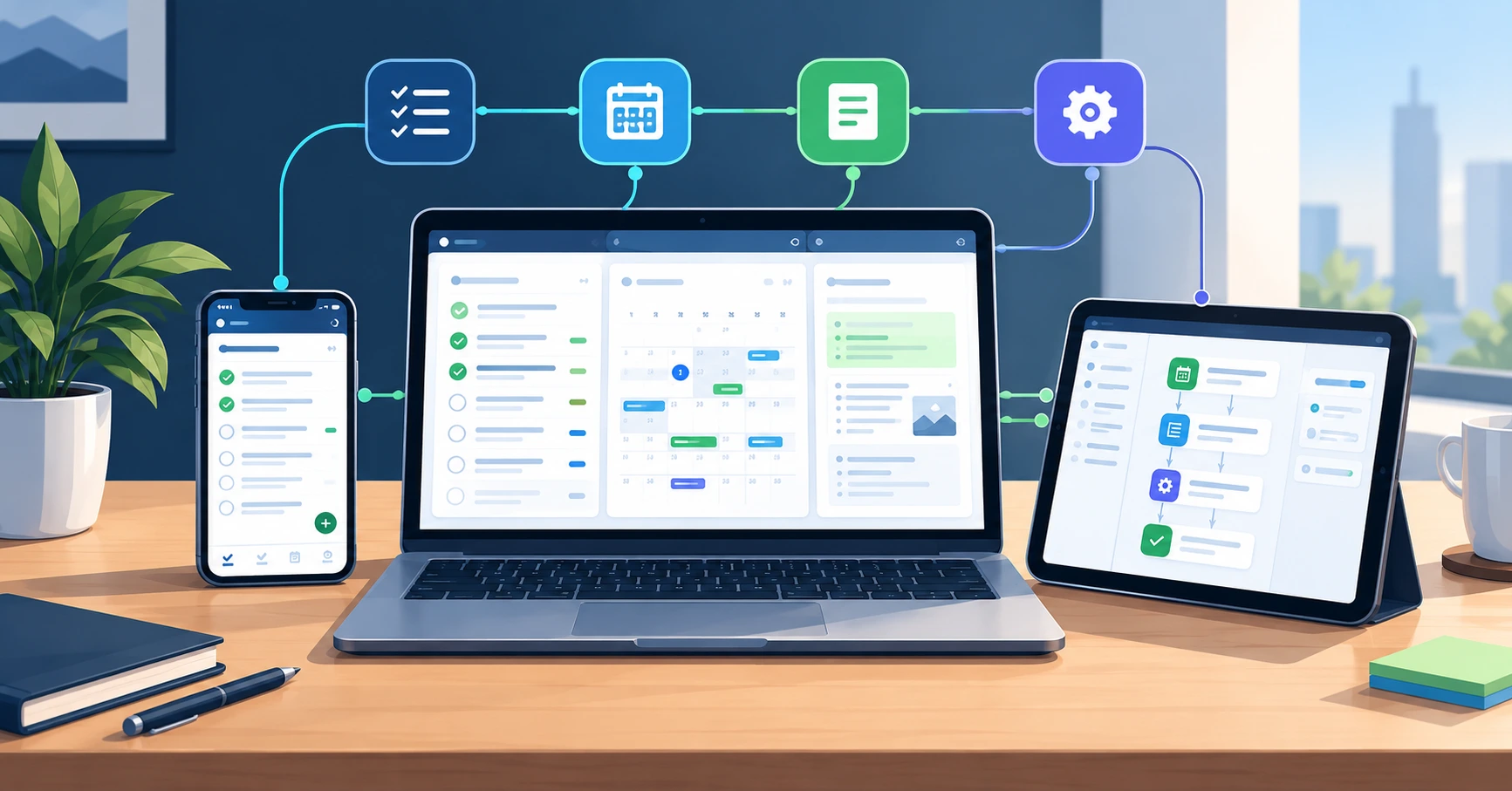 productivity tools — laptop and phone showing tasks, calendar, notes, and automation workflow in 2026