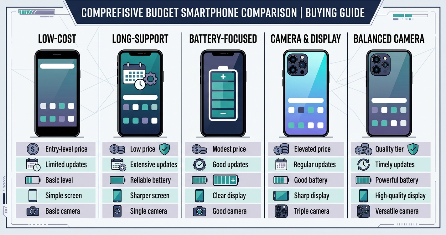 best budget phone — comparing affordable phone priorities for price, updates, battery, display, and camera in 2026