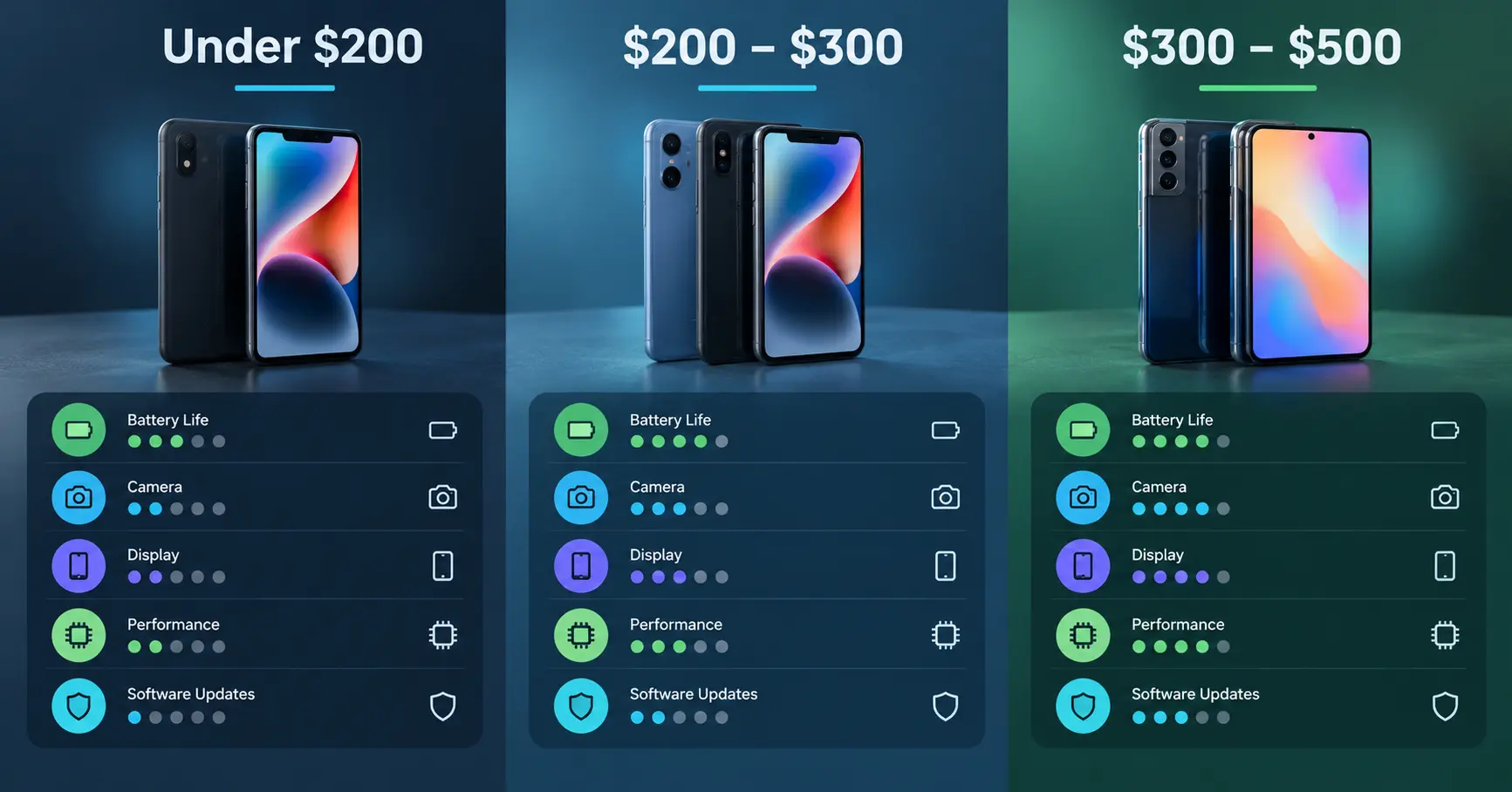 best budget smartphones — under $200, under $300, and under $500 phone price bands compared in 2026