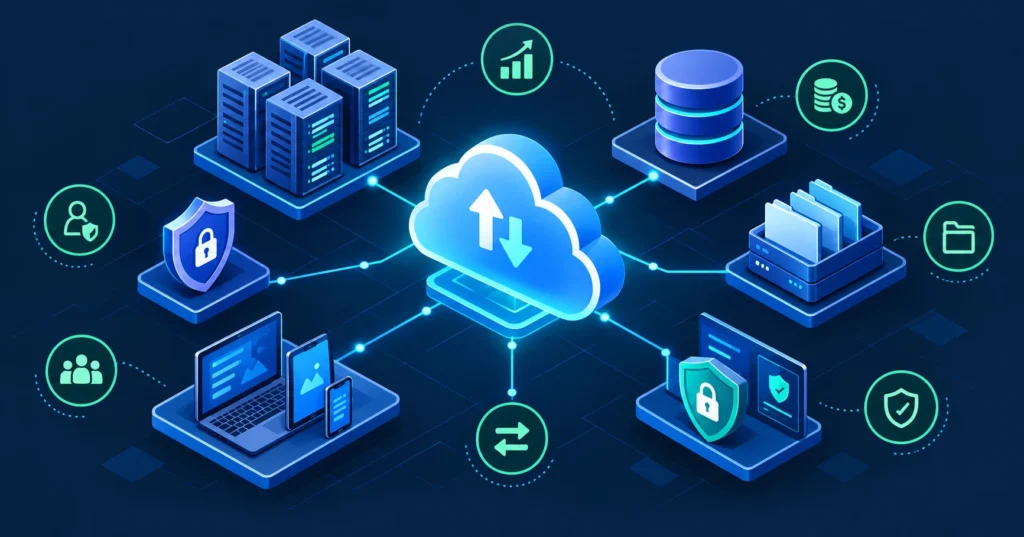 cloud computing — servers, storage, databases, security, and scalable infrastructure connected through the cloud in 2026