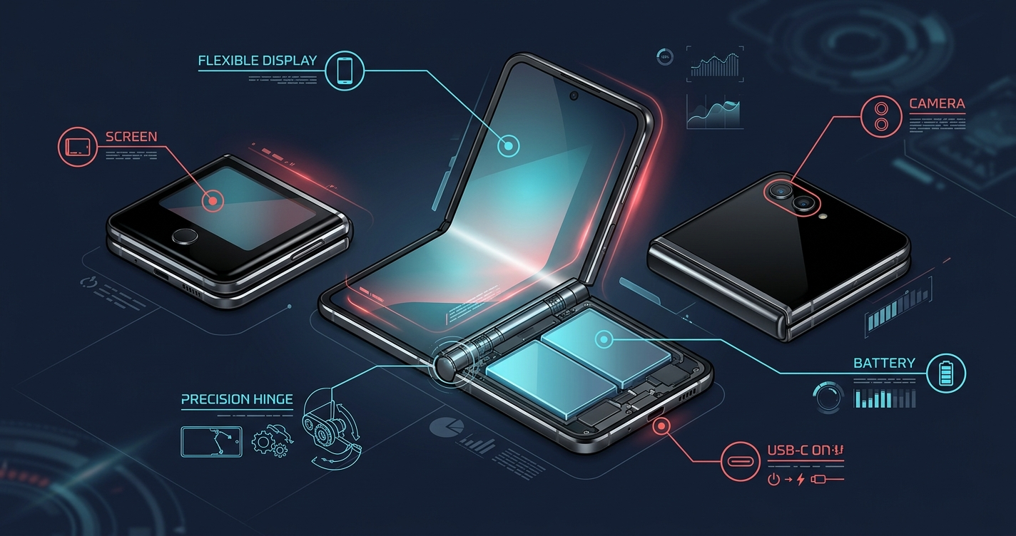 motorola razr 60 ultra — diagram of the foldable display, cover screen, hinge, cameras, and battery